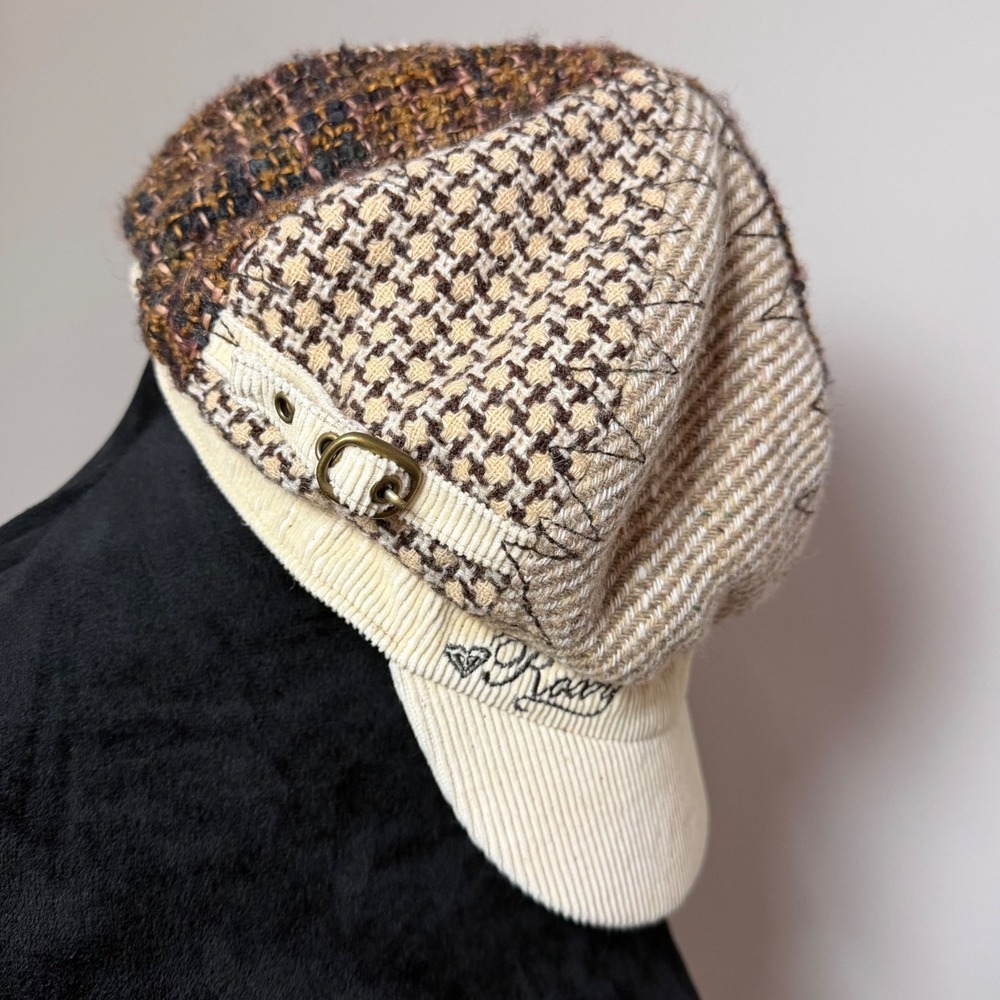 VTG Roxy Brown Cream Tweed Newsboy Hat Corduroy Brim 90s y2K Decorative Buckle